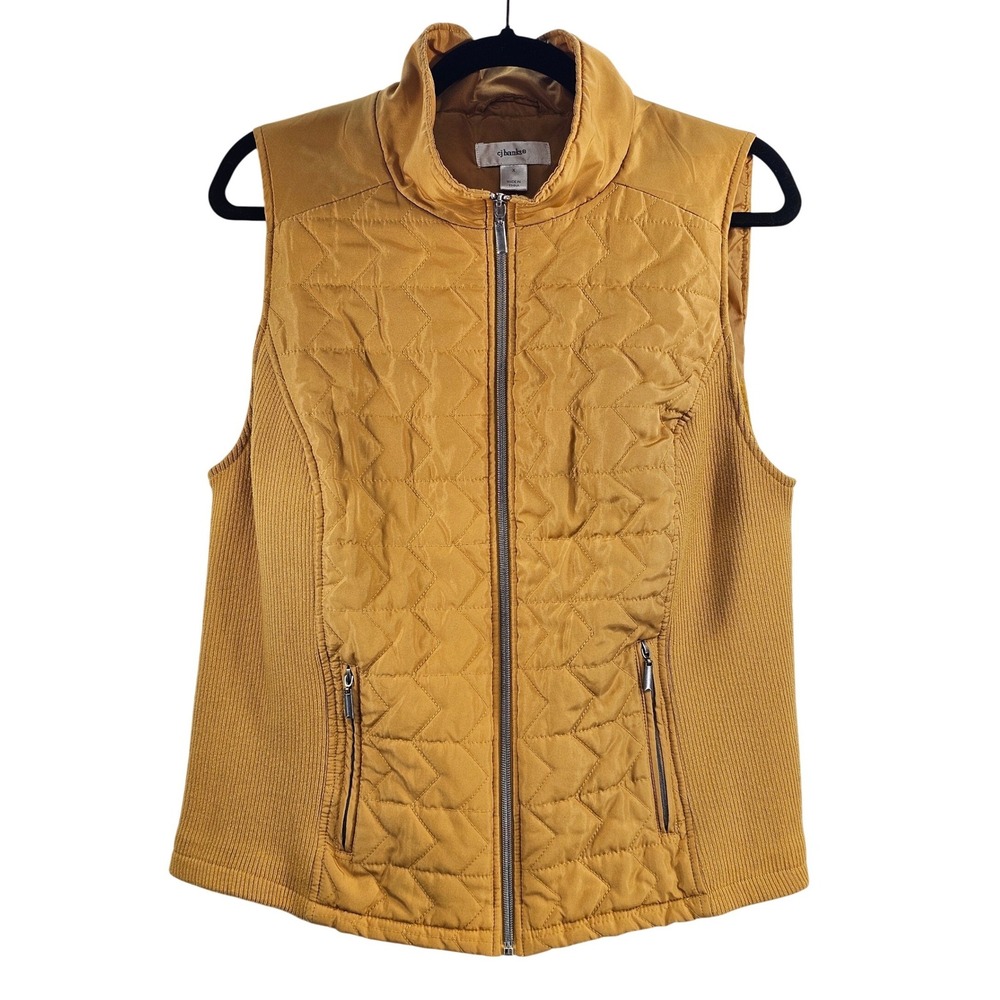CJ Banks Womens Quilted Knit Vest Mustard Yellow Full Zip Pockets Size‎ X